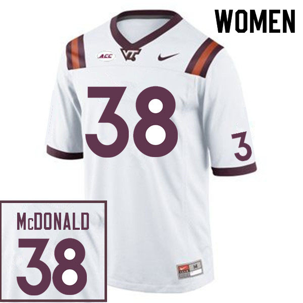 Women #38 Jayden McDonald Virginia Tech Hokies College Football Jerseys Sale-White - Click Image to Close